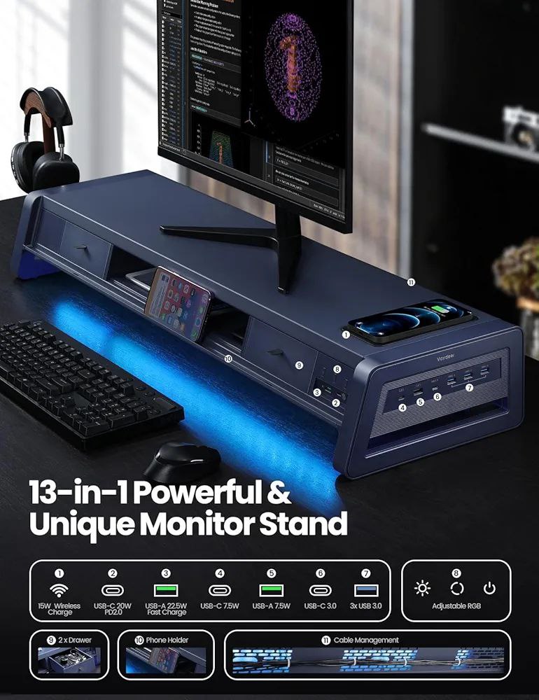 VAYDEER Dual Monitor Stand with Wireless Charging